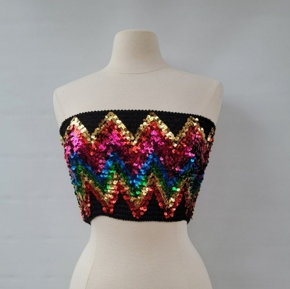 Topshop Womens Medium Black Boho Disco Retro Bright Sequin Smocked Tube Crop Top - Picture 1 of 10